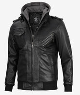 Men's Black Bomber Leather Jacket with Removable Hood